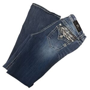 Miss Me Mid Rise Easy Boot Cut Jeans Angel Wings Bling Size 30